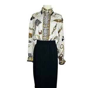 Corey B New York Shirt Ivory Brown Silk Animal High Fashion Jewelry Shoes Size 6